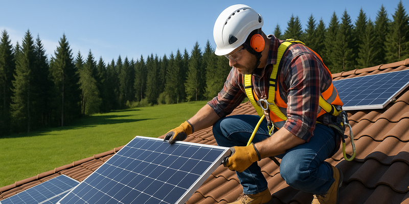 Ingeniero instalando paneles solares fotovoltaicos en un sistema de autoconsumo con energías renovables